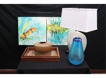 101.Contemporary Style Ceramic Vase, Insect Prints Blue Teardrop Vase From Montage, Serving Tray With Rope &
