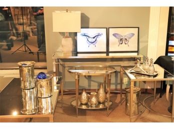 Stylish Mirrored Tables, Includes Lamp, Champagne Buckets, Decanter Set And More