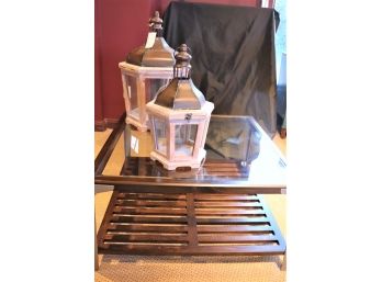 Glass & Metal Grated Frame Coffee Table With Decorative Lanterns
