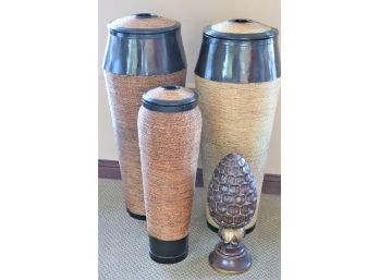 Collection Of Tall Wood/Seagrass Vases With Large Pine Cone Decor