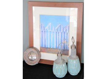 2 Pretty Blue Arpana Bottles With Lids, Small Wall Mirror & 'Behind The Beach' Print