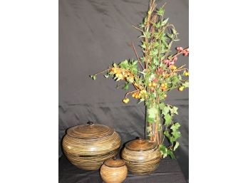 Lacquered Wood Baskets & Floral Display By Waterlook Cherry Branches- With Floral Arrangement