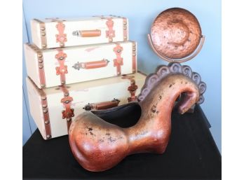 Stacking Trunks, Large Horse Pottery Planter, Hammered Copper Finished Medallion On Stand