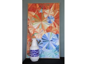 'Orange Umbrellas'Embellished Wall Art Includes A Large Blue/White Pottery Vase With Rope Handles