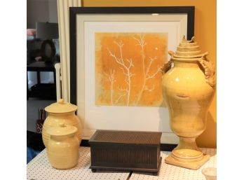 Honey Bee Style Croc Jars With Lids, Tall Urn With Lid And Scrolled Leaf Detail. Wood Box & Yellow Tree Pr