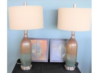 Pair Of Pretty Multi Colored Glass Table Lamps & Framed Leaf Wall Accent Panels