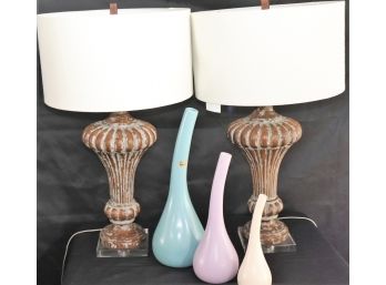 Unique Set Of Contemporary Royal Haeger Vases & Pair Of Treneece Table Lamps
