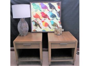 Pair Of AD Modern Side Tables With Charging Stations, Metal Lamp & Vinyl Bird Print N Wyatt Jr.
