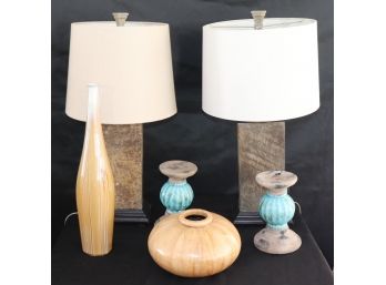Heavy Stonelike Lamps, Quality Anna Maria Style Vase, Crackle Finish Candle Holders & Intermezzo Vase