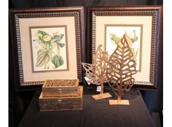 Pretty Floral Botanical Fantasy Prints With Decorative Boxes & Tall Metal Leaf Sculpture From Uttermost