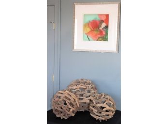 Set Of 3 Drift Wood Spherical Decor, Includes Art Print Aquatic Poppies