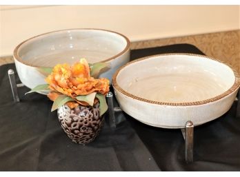 Large Crackle Finish Essie Bowls With Stands Includes Decorative Floral Piece