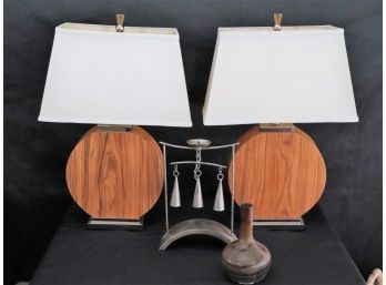 Pair Of Murray Feis Wood Grain Table Lamps, Small Art Glass Vase, Asian Style Iron Bell Candle Holder