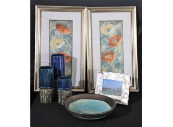 Pair Of Floral Prints By Uttermost, Large Blue Ramen Bowl, Dong Nam Staggered Vases & Picture Frame
