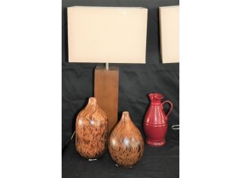 Pair Of Grained Wood Style Table Lamps With Burlywood Bottles Includes Cranberry Colored Pitcher