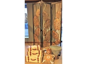 Carolyn Kinder Metal 3 Panel Screen Includes Decorative Trunks, Pillows & Floor Vase By Montage