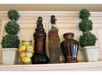 Pair Of Faux Boxwood Topiaries & Assorted Preserved Decorative Jars