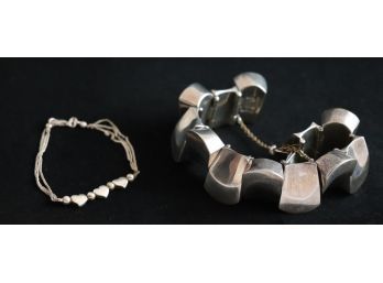 Heavy Sterling Contemporary Bracelet And Sterling Bracelet With Hearts.