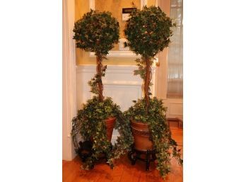 Pair Of Faux Ivy Topiaries In Terracotta Looking Containers On Wood Stands