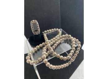 Long Sterling Silver Beaded Necklace Plus Sterling Ring With Marcasite And Black Stone