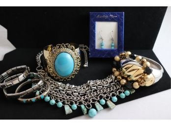 Assorted Fun Costume Jewelry Selection Includes Six Bracelets, Chunky Necklace And Earrings