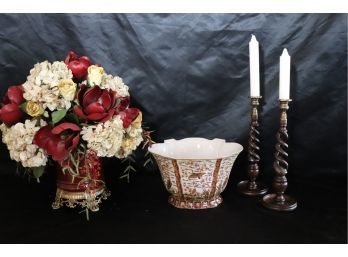 Fabulous Silk Floral Arrangement, Porcelain Bowl & Pair Of Twisted Wood & Brass Candlesticks
