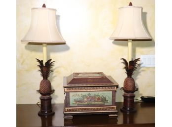 Pair Of Metal British Colonial Style Table Lamps & Hand Crafted Trinket Box