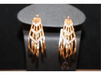 Pair Of 14K YG Modern Earrings With 3 Chevrons Of Diamond Pave