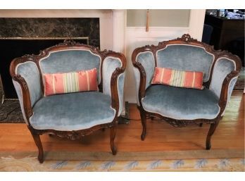 Pair Of Vintage Louis XV Style Carved Conversation Chairs In Medium Blue Velvet