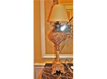 Antique Electrified Oil Lamp In Gold Painted Finish