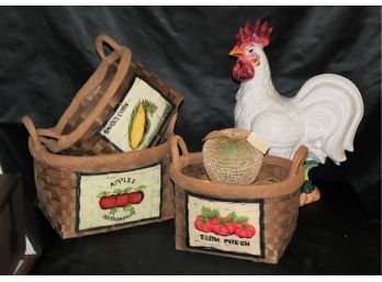 Hand Painted Wicker Woven Baskets With Burlap Trim & Large Ceramic Rooster