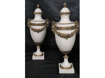 Pair Of Amazing Ornate Crackle Finish Porcelain & Brass Adorned Urns
