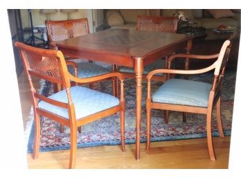 Quality Hekman Furniture Bridge/Chess Burl Wood Table With Caned Back Upholstered Arm Chairs