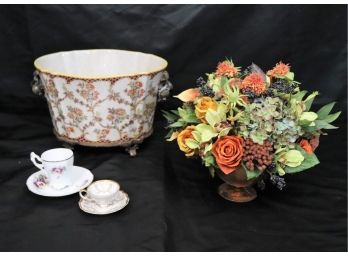 Assorted Porcelain Decorative Accessories With Silk Floral Arrangement