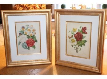 Pair Of Floral Prints In Gold Hand Painted Wood Frames By Trowbridge