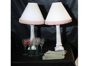 Pair Of Faux Finished Verdigris Column Table Lamps, 6 Hand Painted Wine Glasses & More