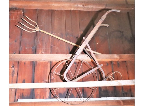 Vintage Farm Tools Includes Carved Wood Branch Pitch Fork & Hand Plow Push Tiller