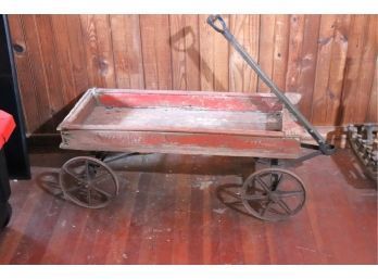 Antique Sherwood Spring Coaster Wooden Wagon With Metal Wheels- Good Condition For Age
