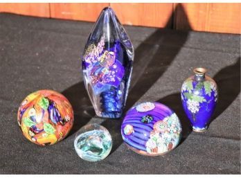 Beautiful Art Glass Paperweights, Includes Signed Pieces & Small Cobalt Blue Enamel Bottle