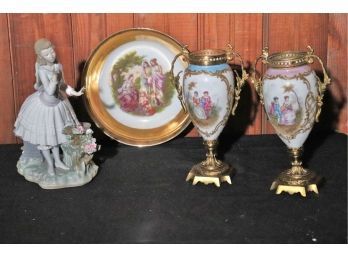 Lladro E8 Ju Lady With Flowers, Victorian Style Painted Bowl From Czech & 2 Hand Painted Portrait Vases/Ur