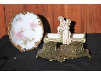 Pretty Floral Limoges Ls & S  Plate, Vintage Style Brass Inkwell With One Insert & Amphora Austria