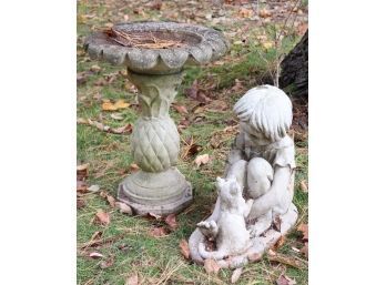 Outdoor Cement Bird Bath 24 Inches Tall & Small Statue Of Girl