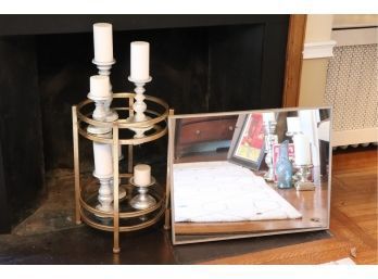 Mirrored Side Table With Decorative Candle Pillars & Wall Mirror