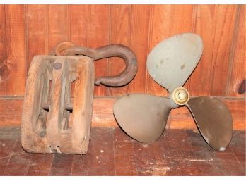 Large Vintage Wood Block & Tackle Appx 22 Inches Includes Vintage Propeller 17x18 1- D
