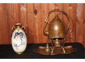 Vintage Asian Style Teapot, Warmer & Tray With Engraved Detail & Painted Vase Alexandria Porcelain Works- 5