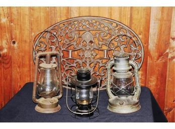 3 Vintage Dietz Lanterns & Heavy Metal Ornate Grate With Floral Detail