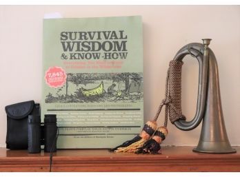 Vintage Bugle With Survival Wisdom & Know How & Pair Of Bushnell 8x21 Binoculars