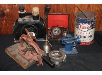 Esso Oil Can & Vintage Motoscope Vacameter With Box, Tore Vulcanizer, Vintage Breaknot Battery Kit