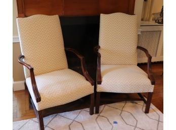.Pair Of Beautiful Custom Upholstery Wingback Wood & Fabric Accent Chairs With Piping Along The Edges