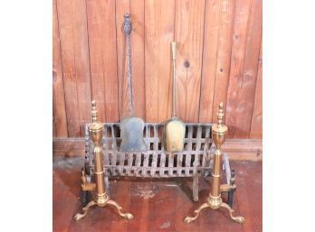 Brass Andirons Includes Metal Fireplace Grate & Fireplace Tools